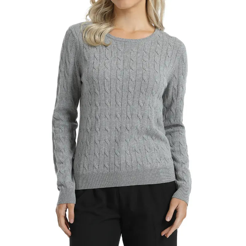 QUALFORT Women'S 100% Cotton Cable-Knit Crew Neck Long-Sleeve Pullover Sweater, Classic Basic Knit Top, Preppy Fall Winter Style for Work, Campus, Travel, Weekend, Casual Layering & Everyday Outfits, Soho Chic