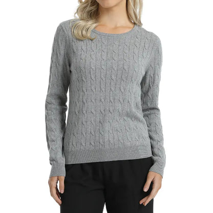 QUALFORT Women'S 100% Cotton Cable-Knit Crew Neck Long-Sleeve Pullover Sweater, Classic Basic Knit Top, Preppy Fall Winter Style for Work, Campus, Travel, Weekend, Casual Layering & Everyday Outfits, Soho Chic