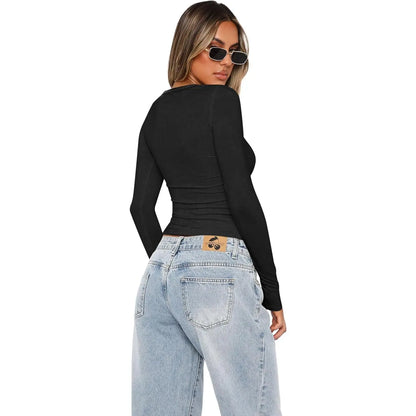 WIHOLL Women's Long Sleeve Crew Neck Slim Fit T-Shirts - Y2K Essential Tops - Available in 3-Pack and 2-Pack Crop Options