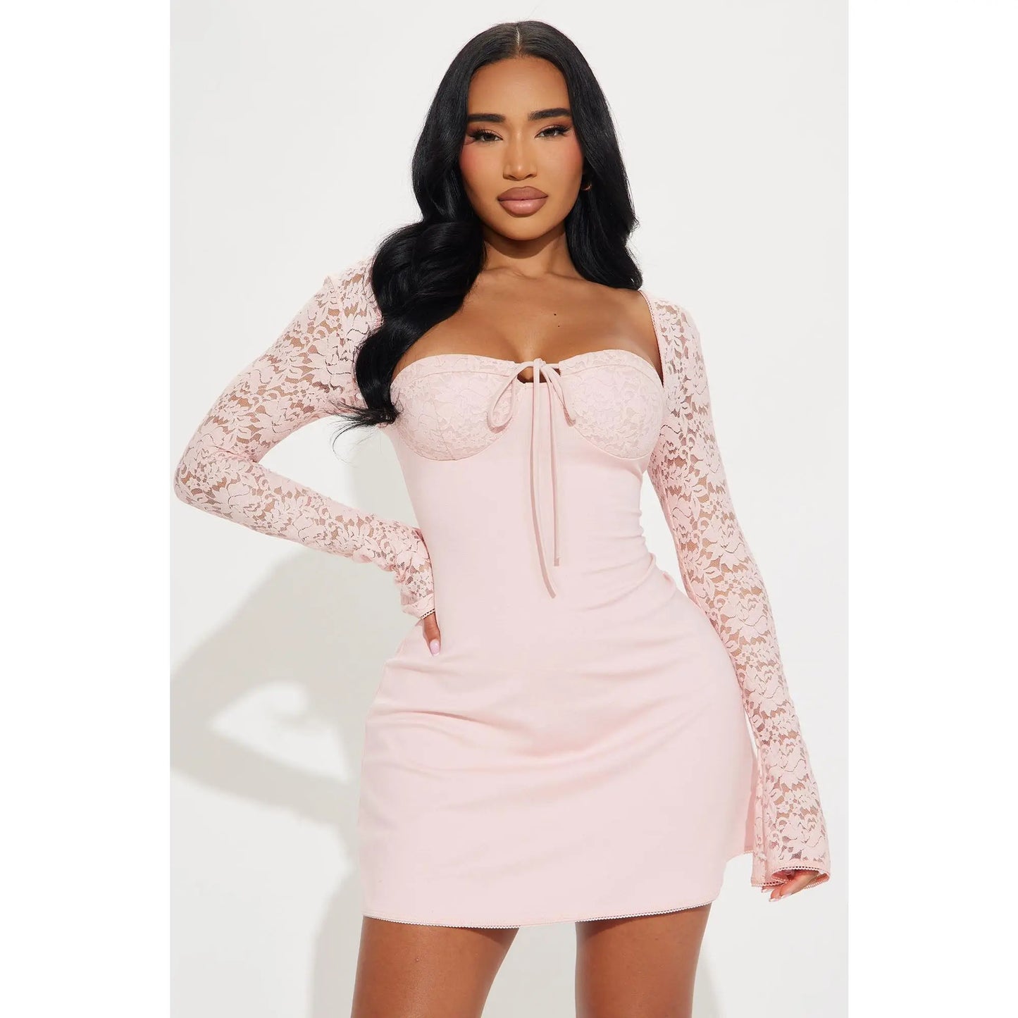 Emilina Blush Long Sleeve Lace Mini Dress
