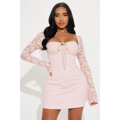 Emilina Blush Long Sleeve Lace Mini Dress