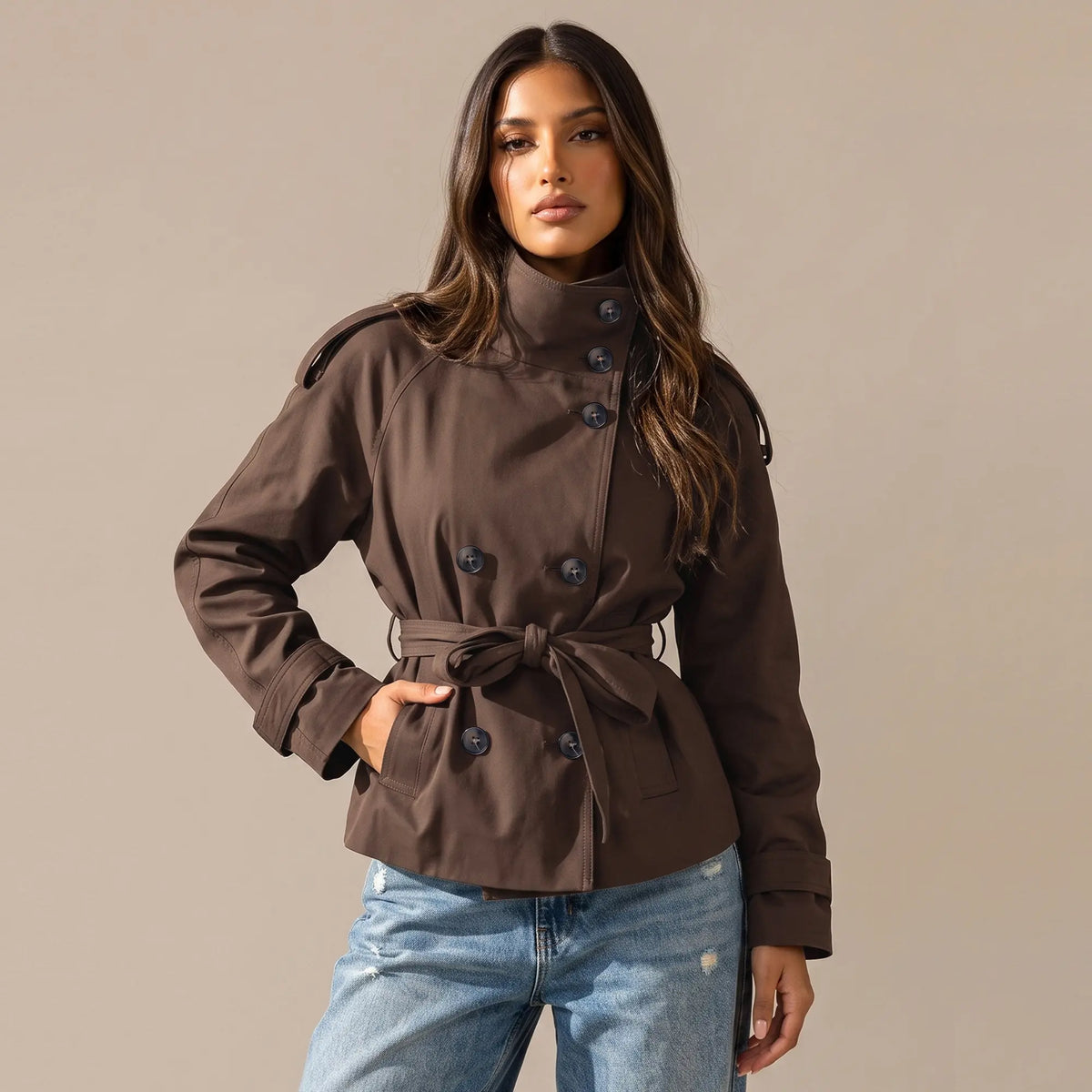 Katch Me Women's Versatile Stand Collar Button-Up Trench Coat with Detachable Waist Belt, Cozy Windproof Long Sleeve Outerwear for Fall & Winter