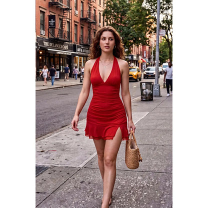 OYS Women's Halter Deep V Neck Ruched Bodycon Dress with Side Slit and Mesh Hem for Summer Cocktail and Club Events