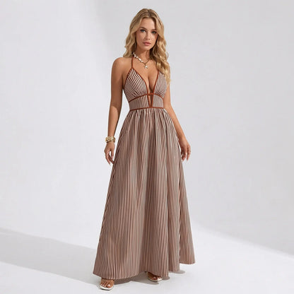 Katch Me Chic Women's Elegant Pinstripe Deep V-Neck Adjustable Halter Maxi Dress - Lightweight Summer Attire for Beach Holidays