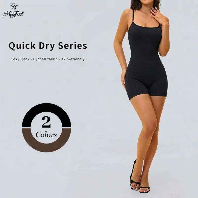 Missfeel Women'S Adjustable Spaghetti Strap Shapewear Bodysuit Shorts, Buttery‑Soft Ribbed Fabric, 4‑Way High Stretch, Moisture‑Wicking Quick‑Dry, Gentle Tummy Control, Butt‑Lifting, Seamless Slim Fit Active Romper for Yoga Gym Daily Wear