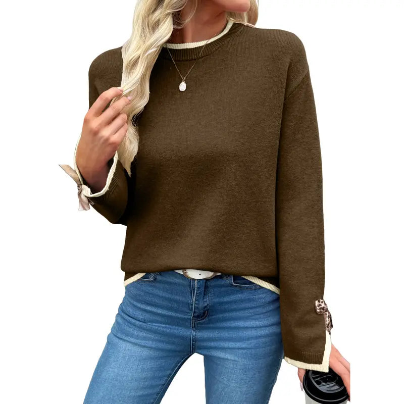 EVALESS Women'S Crew Neck Knitwear Pullover, Casual Sweater with Leopard Print Bow Cuffs, Relaxed Fit for Fall