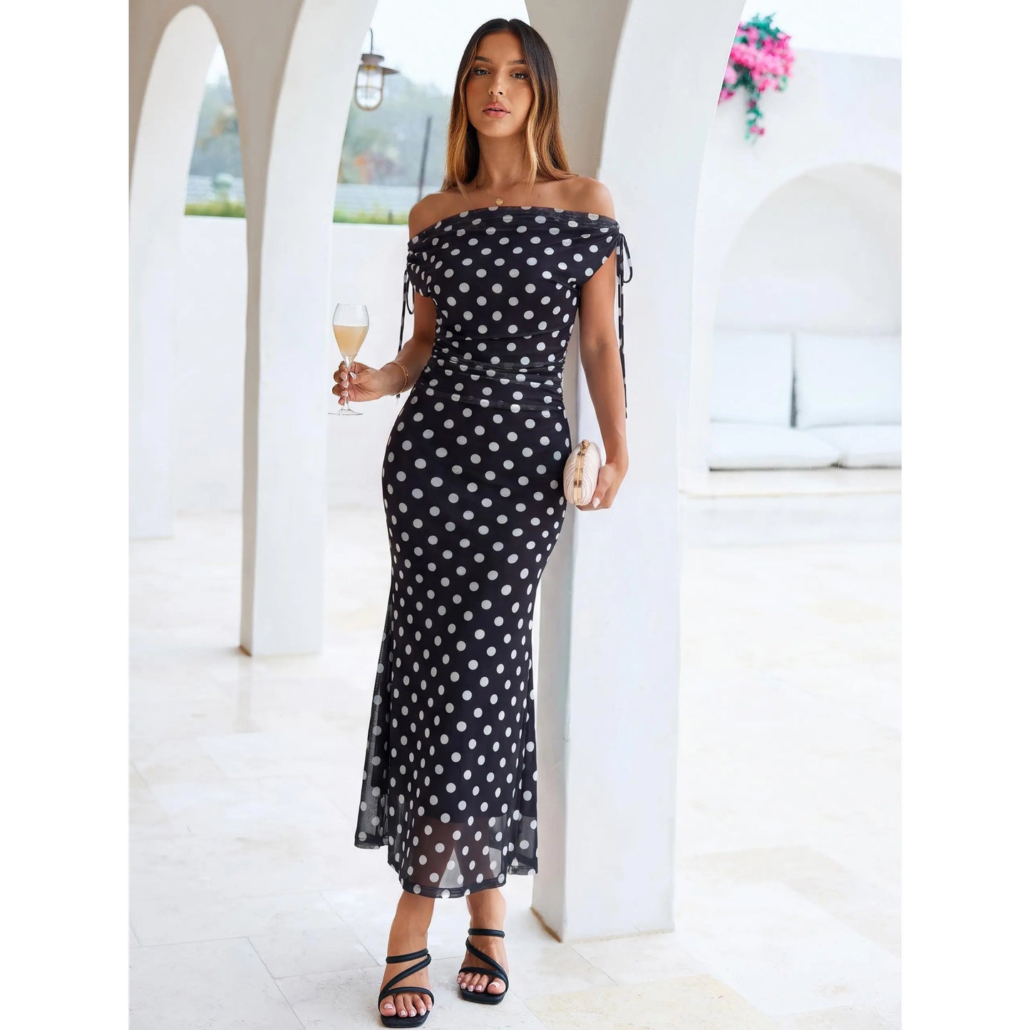 Elegant Polka Dot Mesh Maxi Dress with Cowl Neck and Shoulder Ties for Summer Events