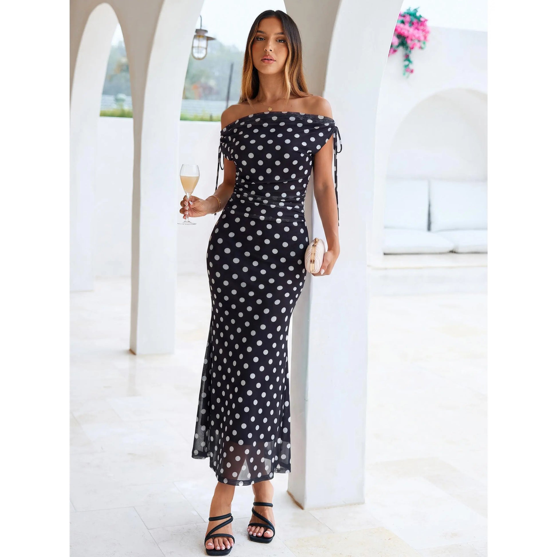 Elegant Polka Dot Mesh Maxi Dress with Cowl Neck and Shoulder Ties for Summer Events