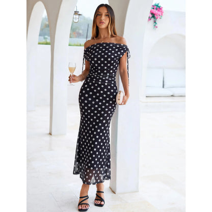 Elegant Polka Dot Mesh Maxi Dress with Cowl Neck and Shoulder Ties for Summer Events