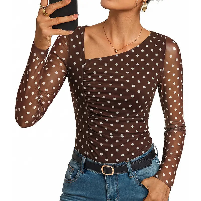 GRACE KARIN Women'S Slim Breathable Mesh Blouse - V-Neck, Asymmetrical Neckline, Ruched Detail, Long Sleeves, Dressy Casual Boho Shirts, Casual Daily Tops for 2026 Fall Floral Outfits