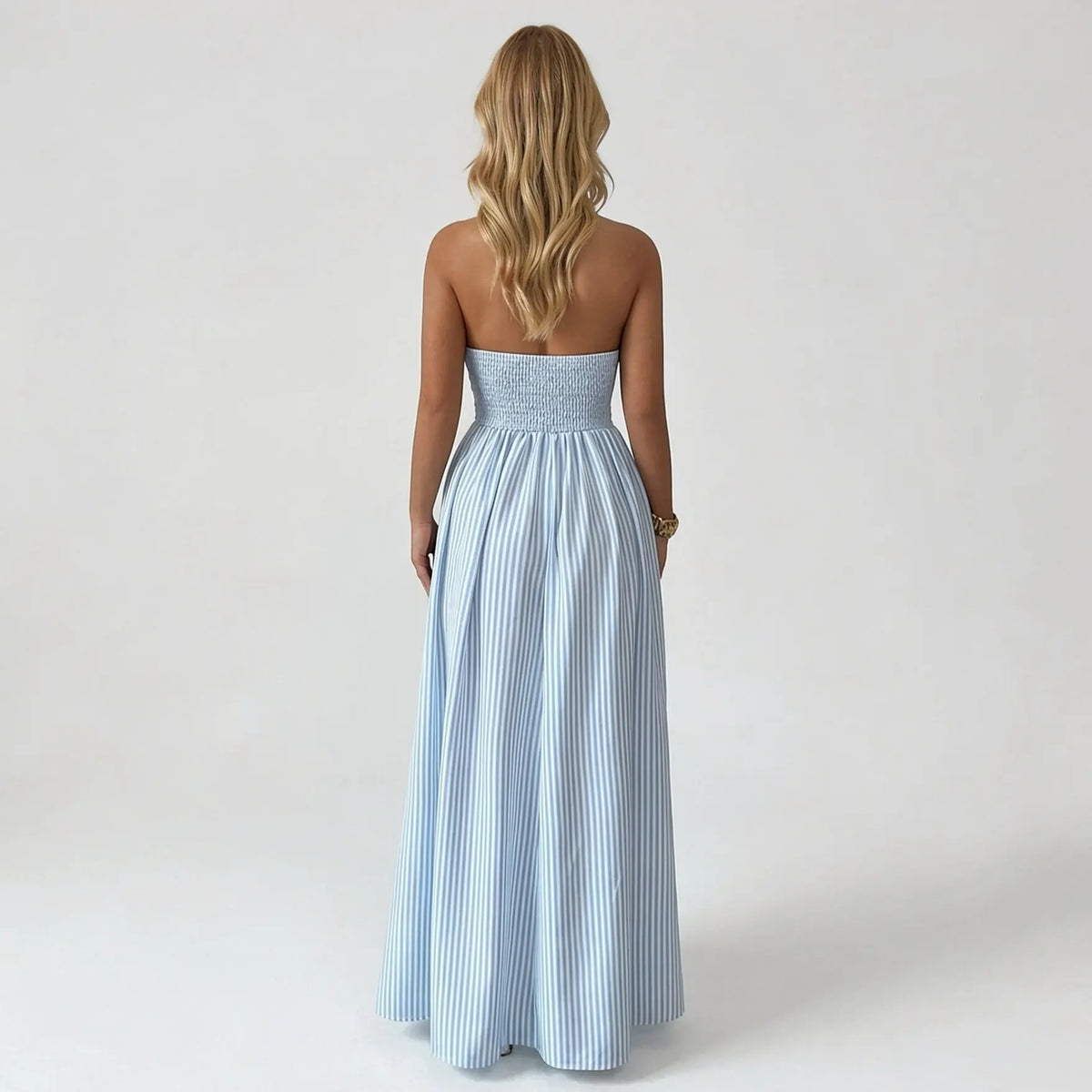 Katch Me Chic Women's Elegant Pinstripe Deep V-Neck Adjustable Halter Maxi Dress - Lightweight Summer Attire for Beach Holidays