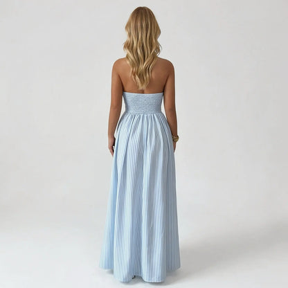 Katch Me Chic Women's Elegant Pinstripe Deep V-Neck Adjustable Halter Maxi Dress - Lightweight Summer Attire for Beach Holidays