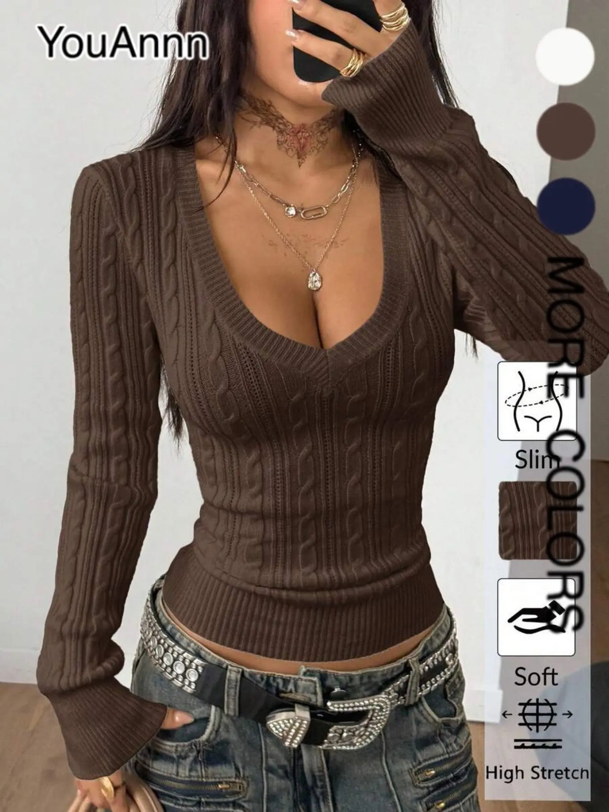 Elegant V-Neck Cable Knit Sweater for Women, Soft and Stylish, Slim Fit, Casual and Fashionable, Versatile Knitted Top, New for Fall/Winter, Knitwear Pullover