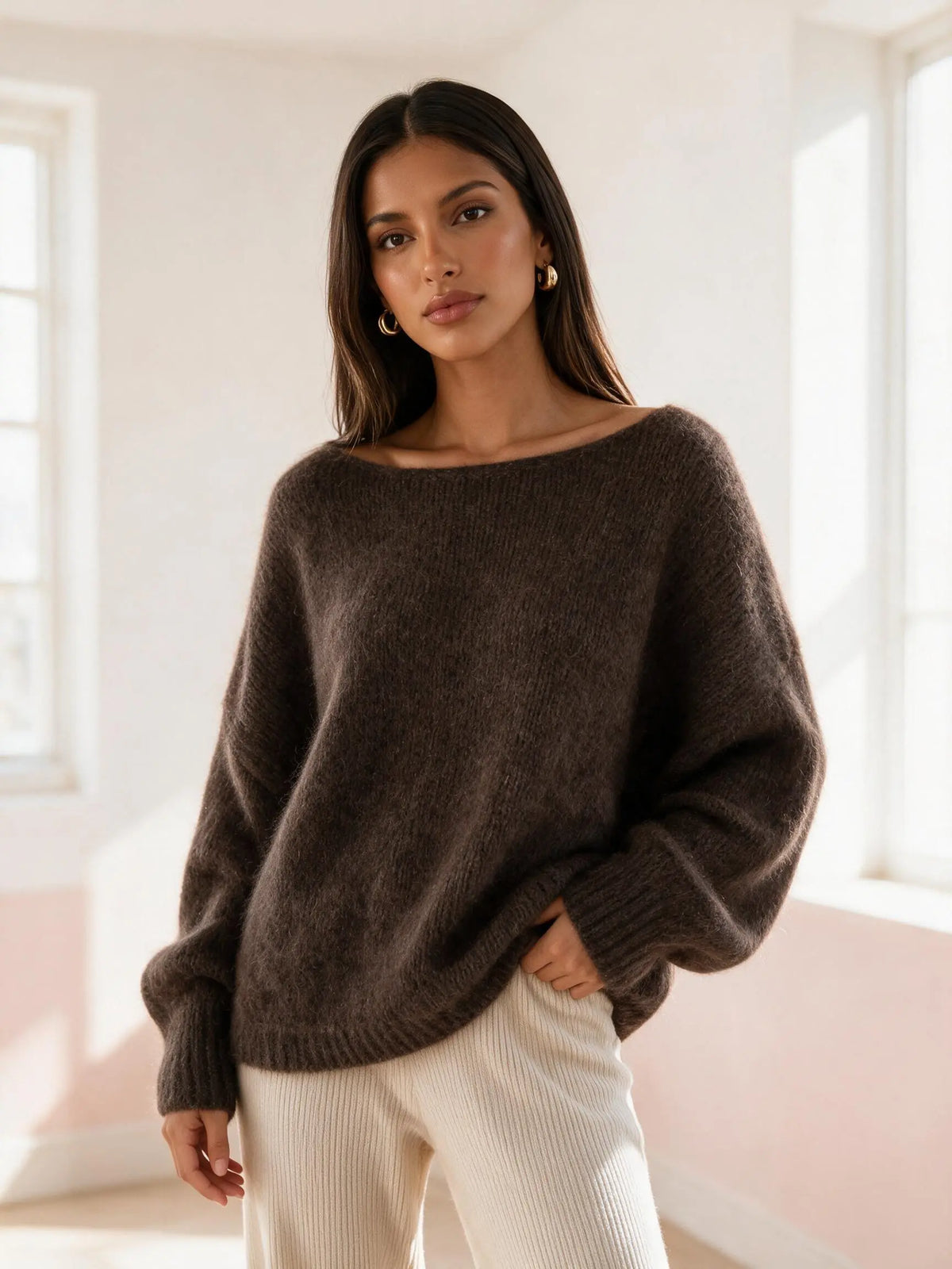 Katch Me Chic Women's Lightweight Slouchy Knit Sweater with Scoop Neck and Long Sleeves, Breathable and Stretchy Relaxed Fit Knitwear
