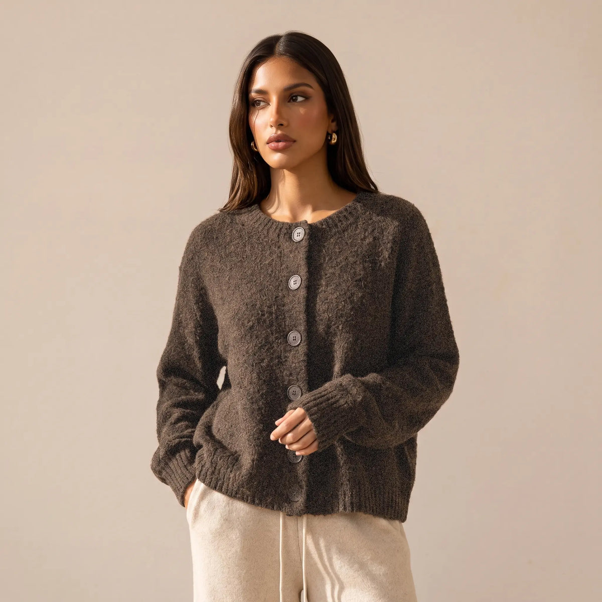 Katch Me Chic Women's Cozy Button-Up Knit Cardigan - Soft Fuzzy Long Sleeve Thermal Cropped Sweater for Fall & Winter Layering