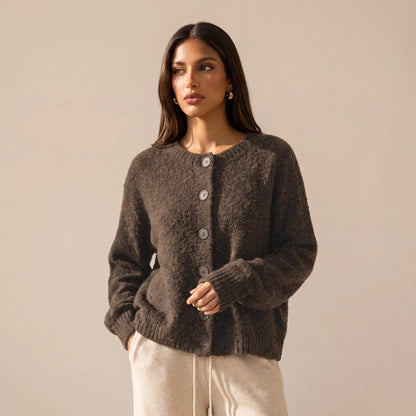 Katch Me Chic Women's Cozy Button-Up Knit Cardigan - Soft Fuzzy Long Sleeve Thermal Cropped Sweater for Fall & Winter Layering