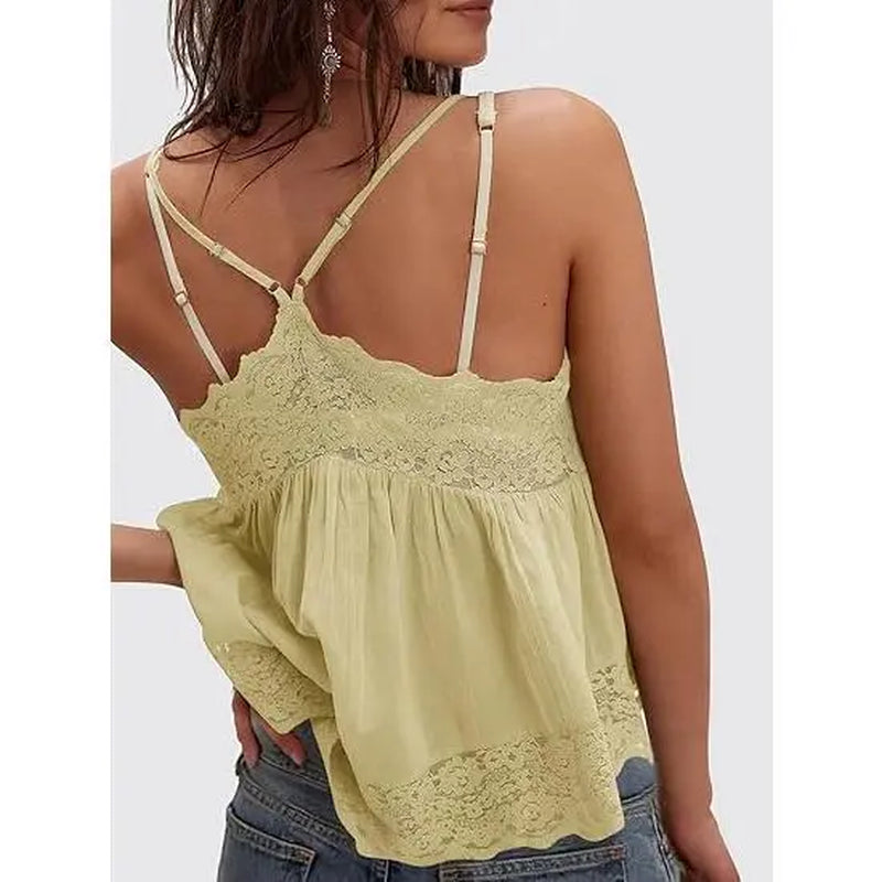 Yousify Women's Y2K Lace V-Neck Babydoll Cami Top - Floral Flowy Sleeveless Summer Blouse for Back to School