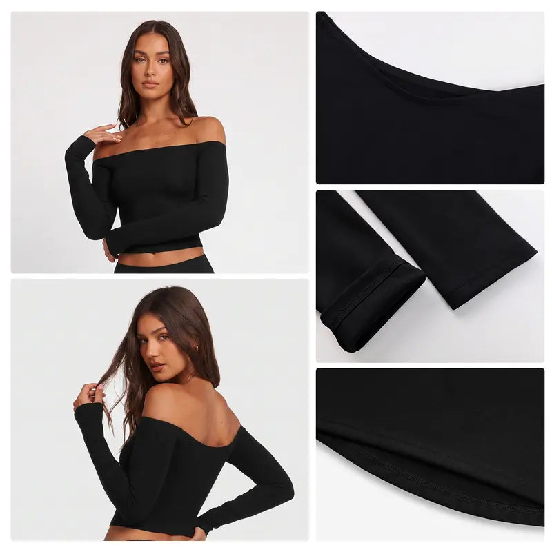 Women'S Everyday Summer Wear off the Shoulder Crop Top Long Sleeve Seamless Fitted Bardot Top Slim Fit Pilates Yoga Workout Basic Tee Athletic Top Casual Streetwear Going Out
