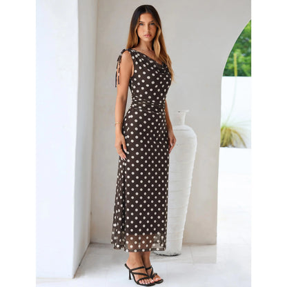 Elegant Polka Dot Mesh Maxi Dress with Cowl Neck and Shoulder Ties for Summer Events