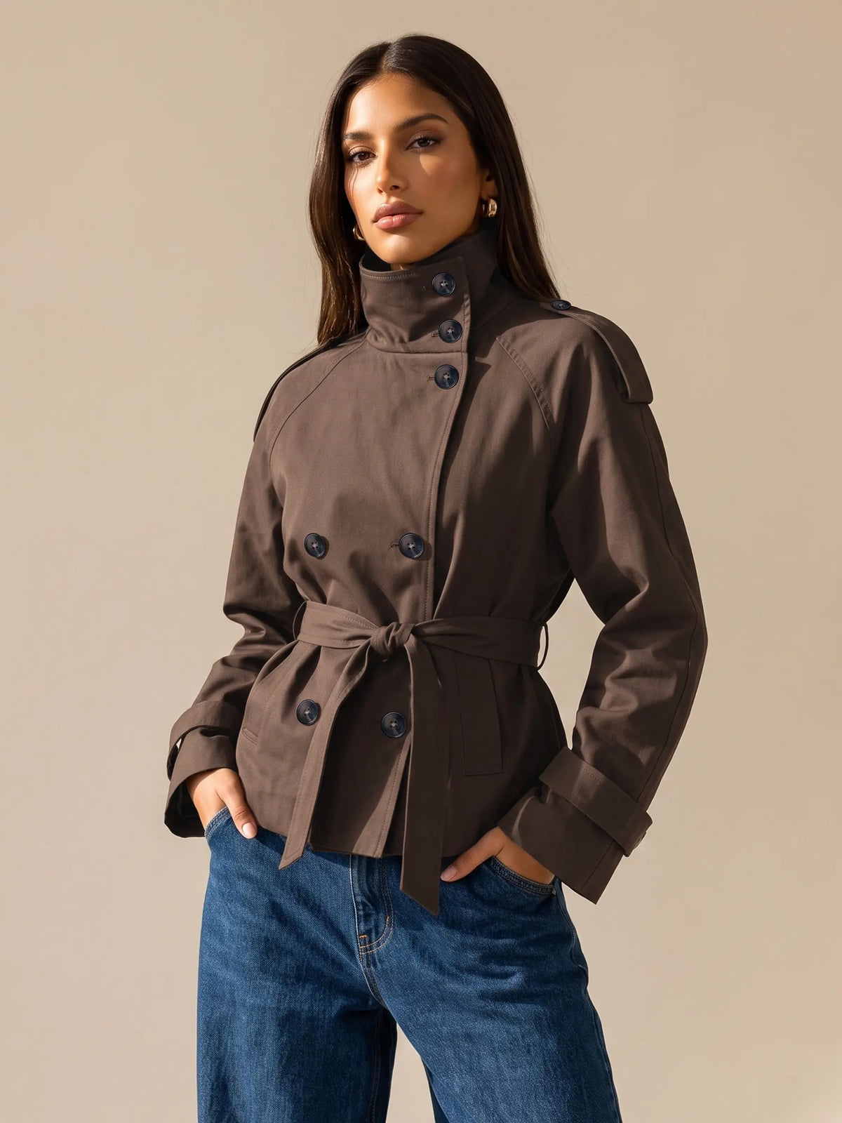 Katch Me Women's Versatile Stand Collar Button-Up Trench Coat with Detachable Waist Belt, Cozy Windproof Long Sleeve Outerwear for Fall & Winter