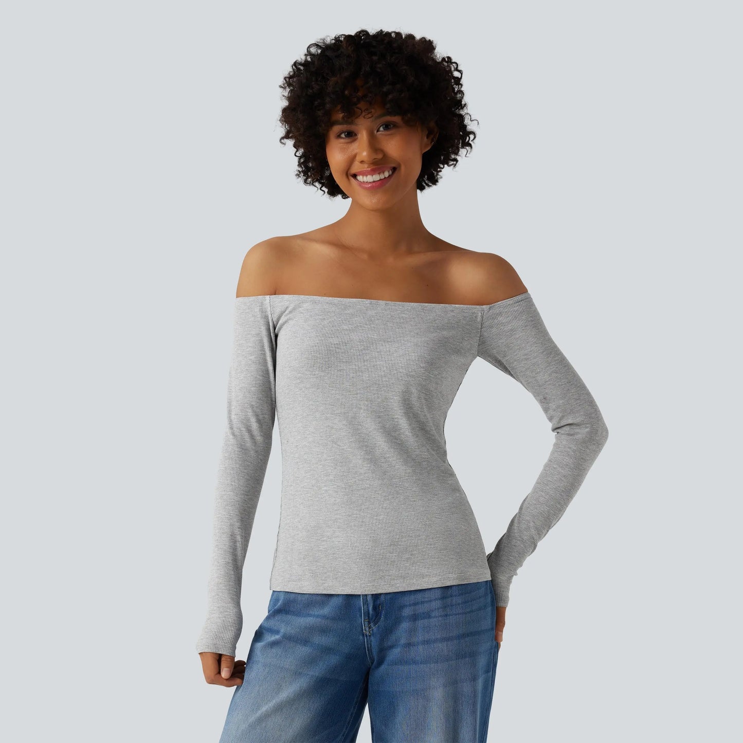 Halara Ribbed Knit off Shoulder Long Sleeve 2-In-1 Casual Top
