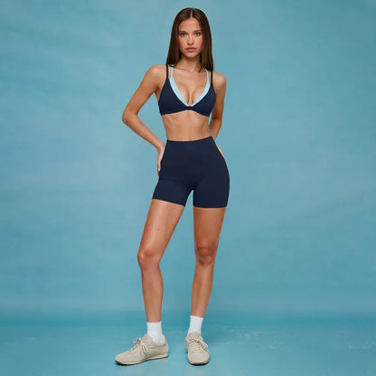 Women'S MFVIM 2-Piece Deep Blue Contrast Fitness Gymwear Set - Thin-Strap 2-Layer Sports Bra, High-Waisted Butt-Lifting Shorts, for Yoga, Outdoor Activities, Outdoor Yoga Suit
