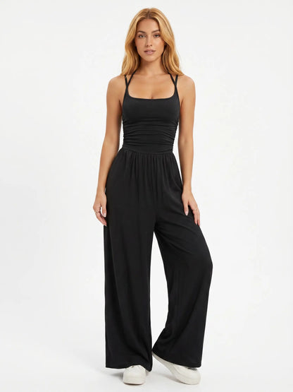 Katch Me Chic Women's Casual Solid Color Dual Strap Shirred Wide Leg Jumpsuit - Soft, Sweat-Wicking Stretch Sportswear for Spring & Summer