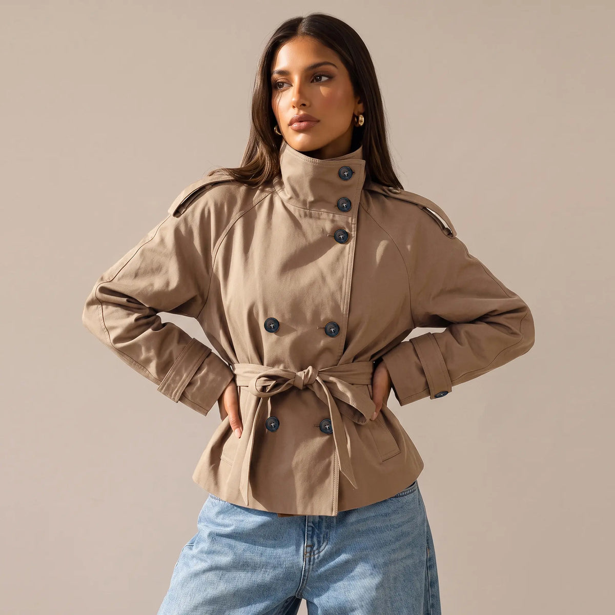 Katch Me Women's Versatile Stand Collar Button-Up Trench Coat with Detachable Waist Belt, Cozy Windproof Long Sleeve Outerwear for Fall & Winter