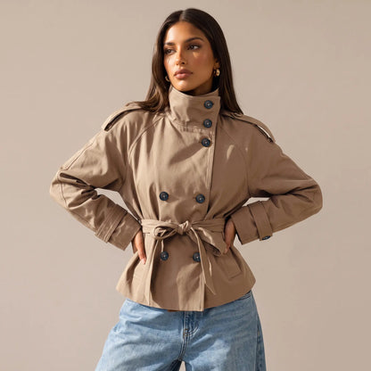Katch Me Women's Versatile Stand Collar Button-Up Trench Coat with Detachable Waist Belt, Cozy Windproof Long Sleeve Outerwear for Fall & Winter