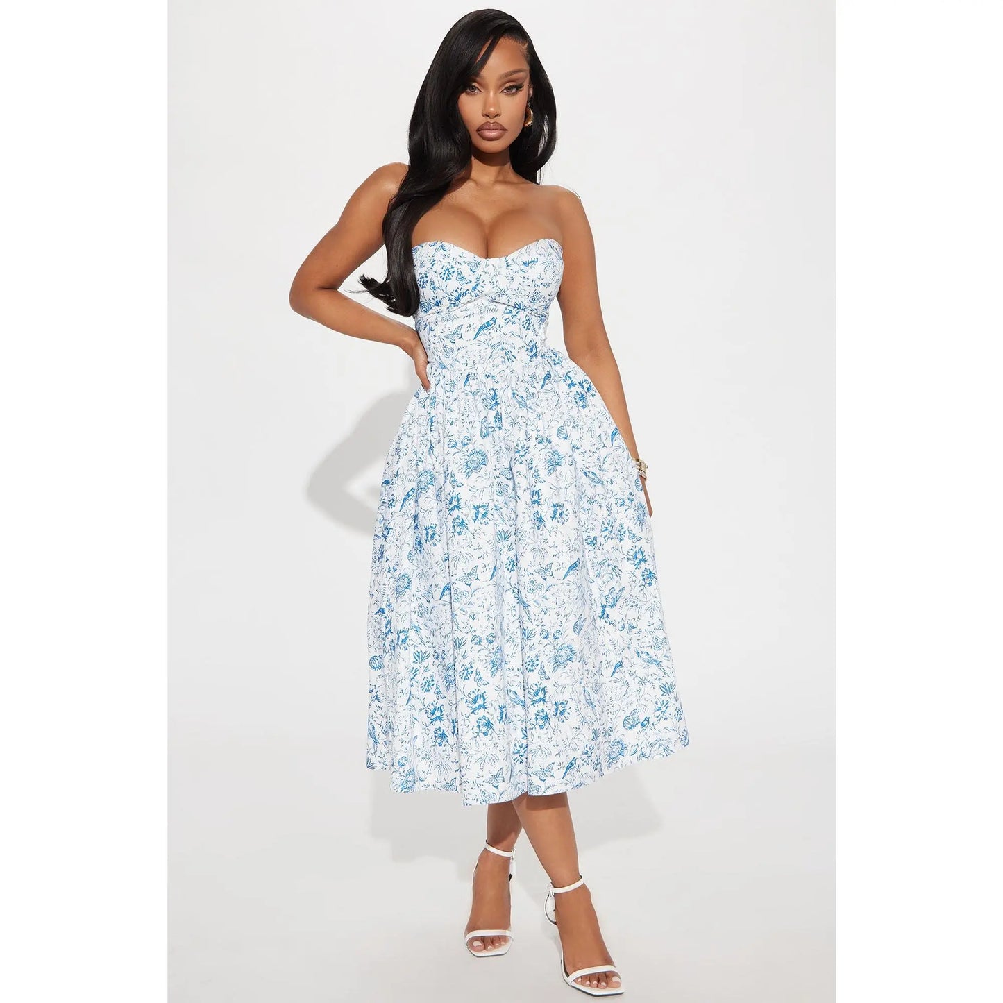Delicate Strapless Midi Dress in White and Blue