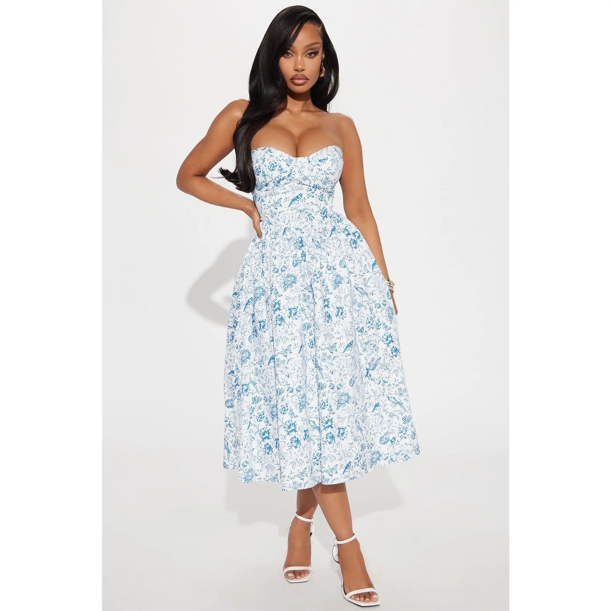 Delicate Strapless Midi Dress in White and Blue