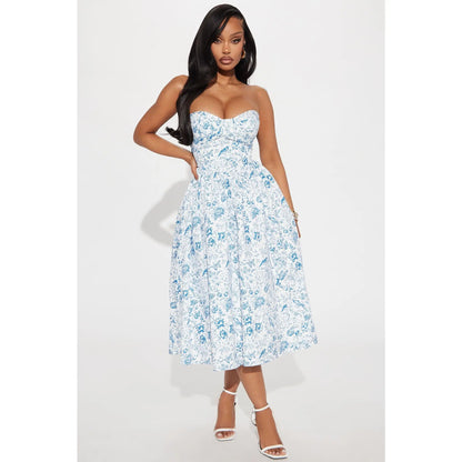 Delicate Strapless Midi Dress in White and Blue