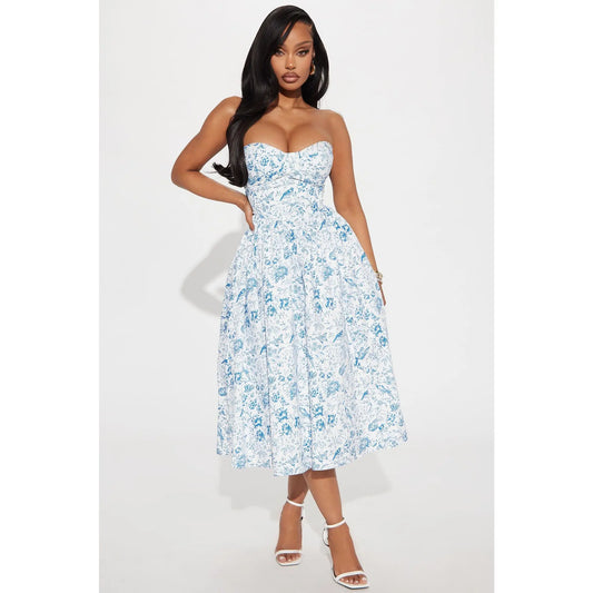 Delicate Strapless Midi Dress in White and Blue