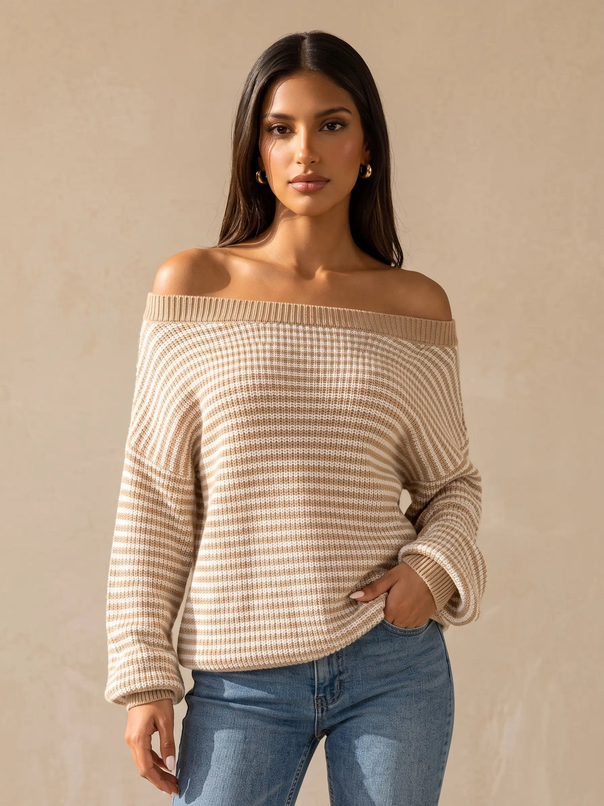 Chic Women's Slouchy Off-Shoulder Striped Balloon Sleeve Sweater - Cozy Drop Shoulder Loose Pullover for Fall & Winter