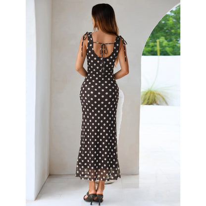 Elegant Polka Dot Mesh Maxi Dress with Cowl Neck and Shoulder Ties for Summer Events