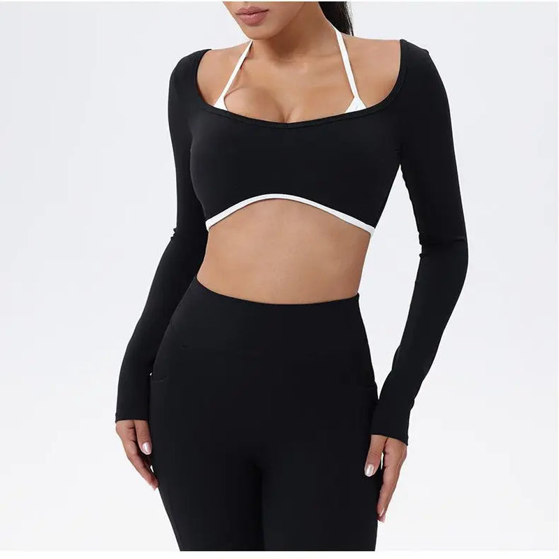 Summervibes Workout Sets for Women 2 Piece Outfits Seamless High Waist Leggings Yoga Long Sleeve Crop Tops Athletic Gym Sets Elegante Sport Halter Bra for Gym Workout Sets for Women Activewear High Waisted Outdoor Fun