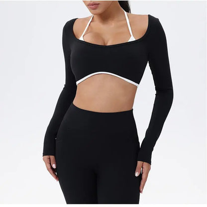 Summervibes Workout Sets for Women 2 Piece Outfits Seamless High Waist Leggings Yoga Long Sleeve Crop Tops Athletic Gym Sets Elegante Sport Halter Bra for Gym Workout Sets for Women Activewear High Waisted Outdoor Fun