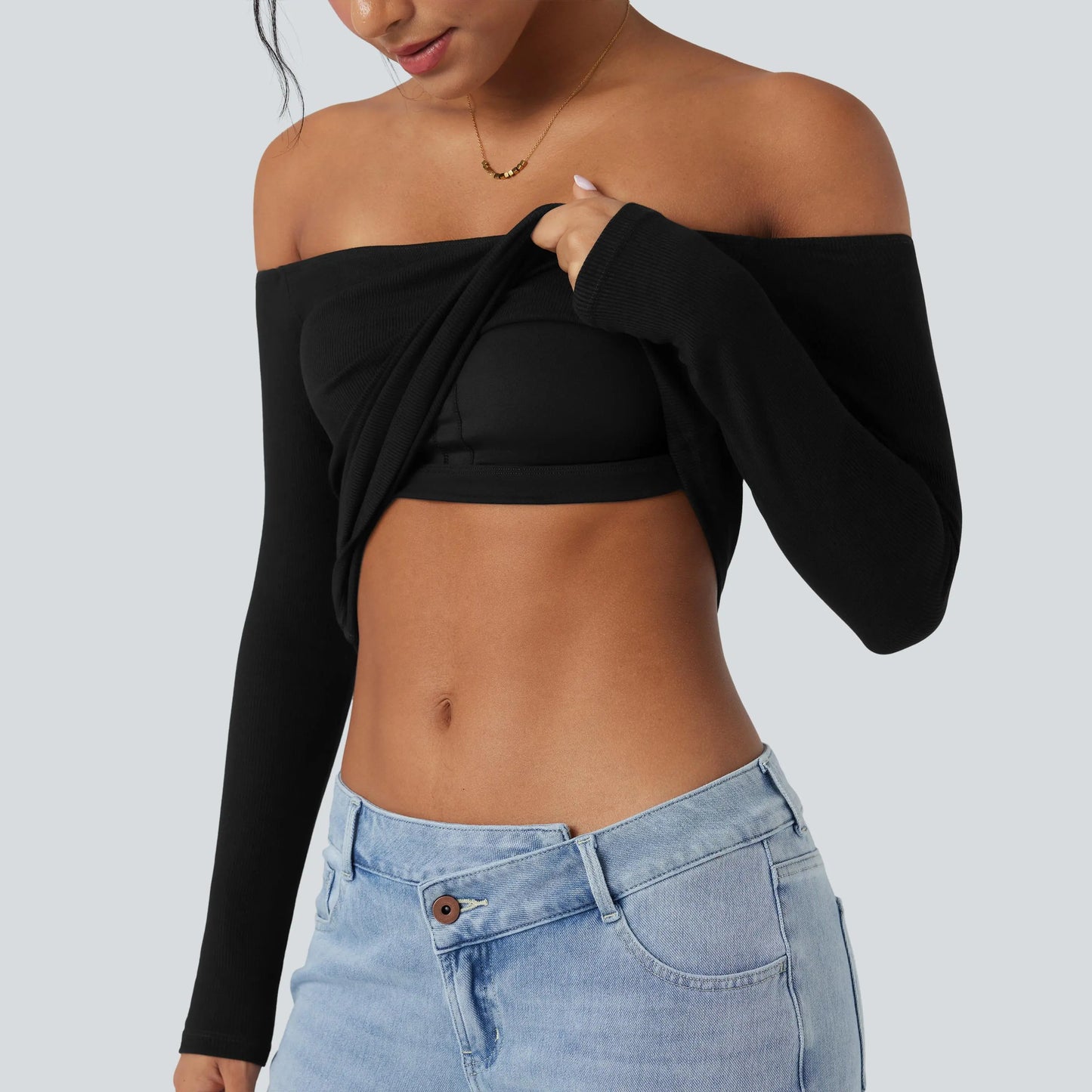 Halara Ribbed Knit off Shoulder Long Sleeve 2-In-1 Casual Top