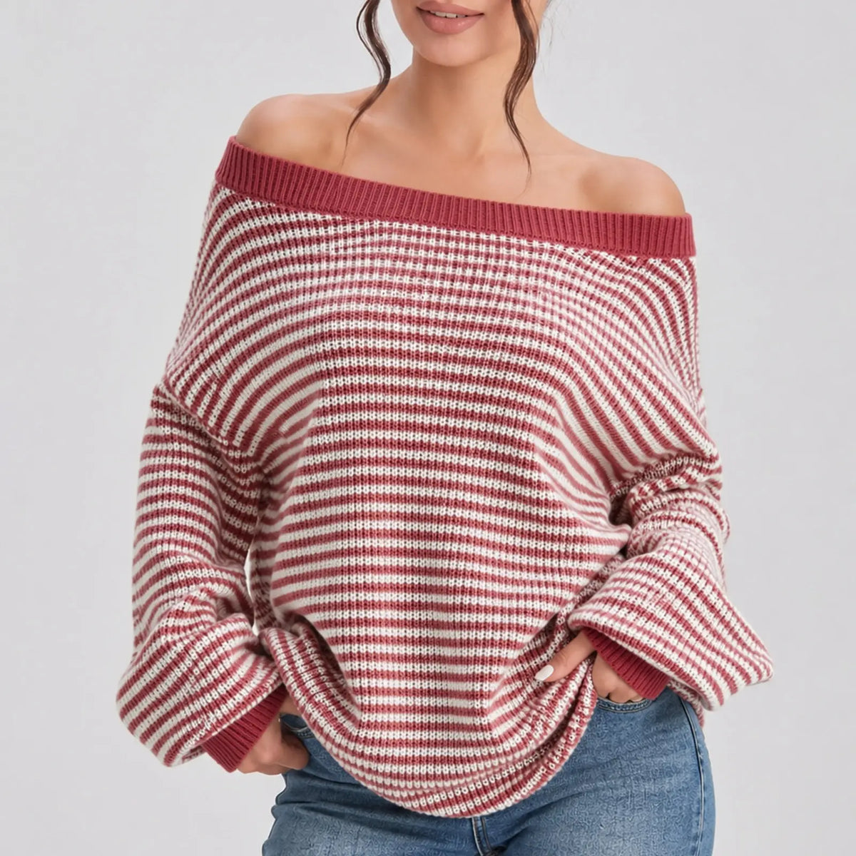 Chic Women's Slouchy Off-Shoulder Striped Balloon Sleeve Sweater - Cozy Drop Shoulder Loose Pullover for Fall & Winter