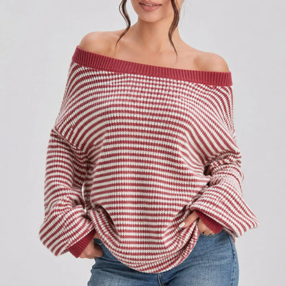 Chic Women's Slouchy Off-Shoulder Striped Balloon Sleeve Sweater - Cozy Drop Shoulder Loose Pullover for Fall & Winter