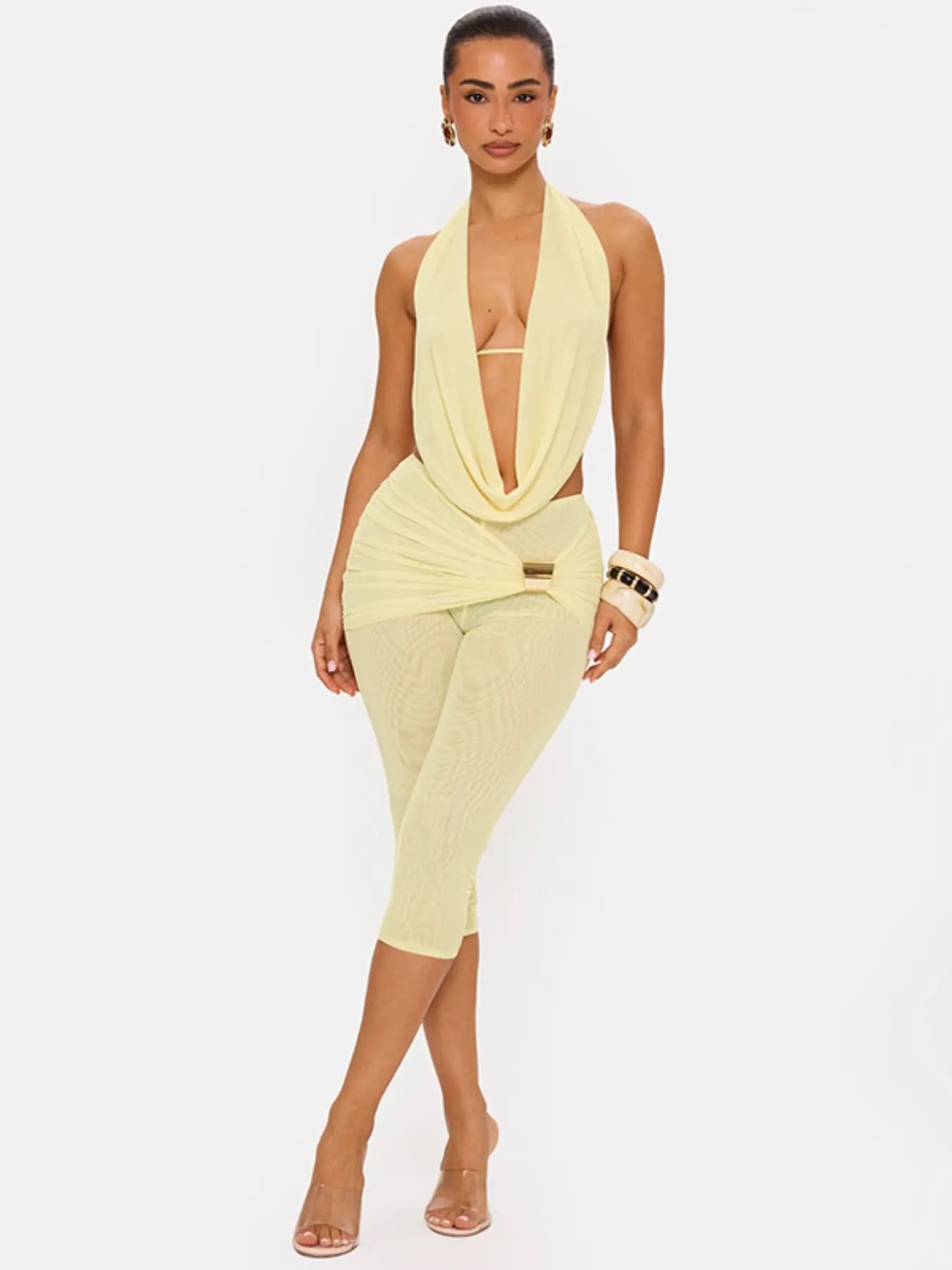 Women's Elegant Deep V Neck Backless Top with Fitted Three-Quarter Pants Set, Faux Two-Piece Design, Ideal for Social Events and Gatherings