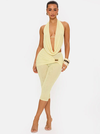 Women's Elegant Deep V Neck Backless Top with Fitted Three-Quarter Pants Set, Faux Two-Piece Design, Ideal for Social Events and Gatherings