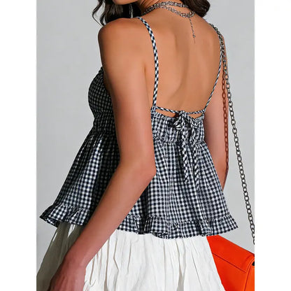 Women'S Plaid V-Neck Sleeveless Babydoll Tank Tops - Spaghetti Strap Camisole Shirts with Ruffle Trim, Loose Hem, Polyester-Elastane Blend, Size M, Casual Women'S Clothes