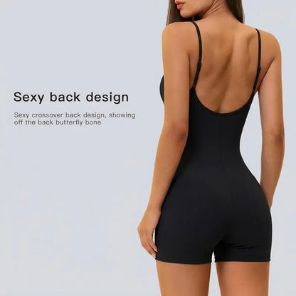 Missfeel Women'S Adjustable Spaghetti Strap Shapewear Bodysuit Shorts, Buttery‑Soft Ribbed Fabric, 4‑Way High Stretch, Moisture‑Wicking Quick‑Dry, Gentle Tummy Control, Butt‑Lifting, Seamless Slim Fit Active Romper for Yoga Gym Daily Wear