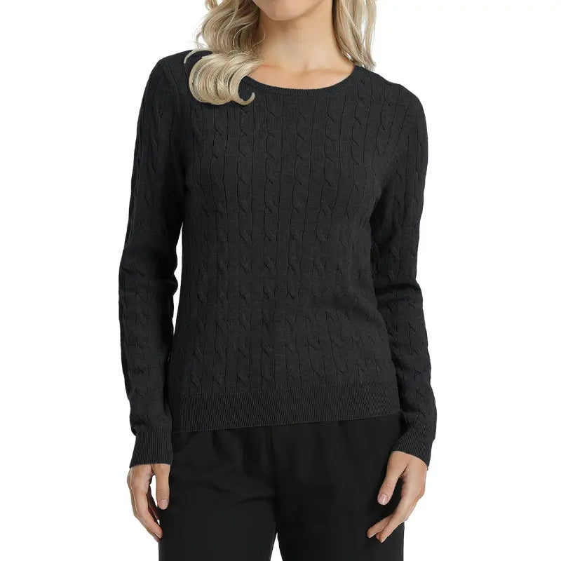 QUALFORT Women'S 100% Cotton Cable-Knit Crew Neck Long-Sleeve Pullover Sweater, Classic Basic Knit Top, Preppy Fall Winter Style for Work, Campus, Travel, Weekend, Casual Layering & Everyday Outfits, Soho Chic