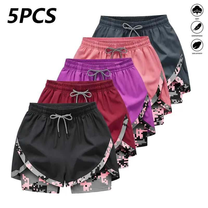 Women's Summer Shorts 5-Pack, Double-Layer 2-in-1 Design, Camouflage Pattern, Breathable Quick-Dry Fabric, Drawstring Elastic Waistband, Hidden Pockets, Casual Style