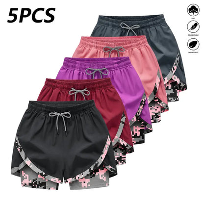 Women's Summer Shorts 5-Pack, Double-Layer 2-in-1 Design, Camouflage Pattern, Breathable Quick-Dry Fabric, Drawstring Elastic Waistband, Hidden Pockets, Casual Style