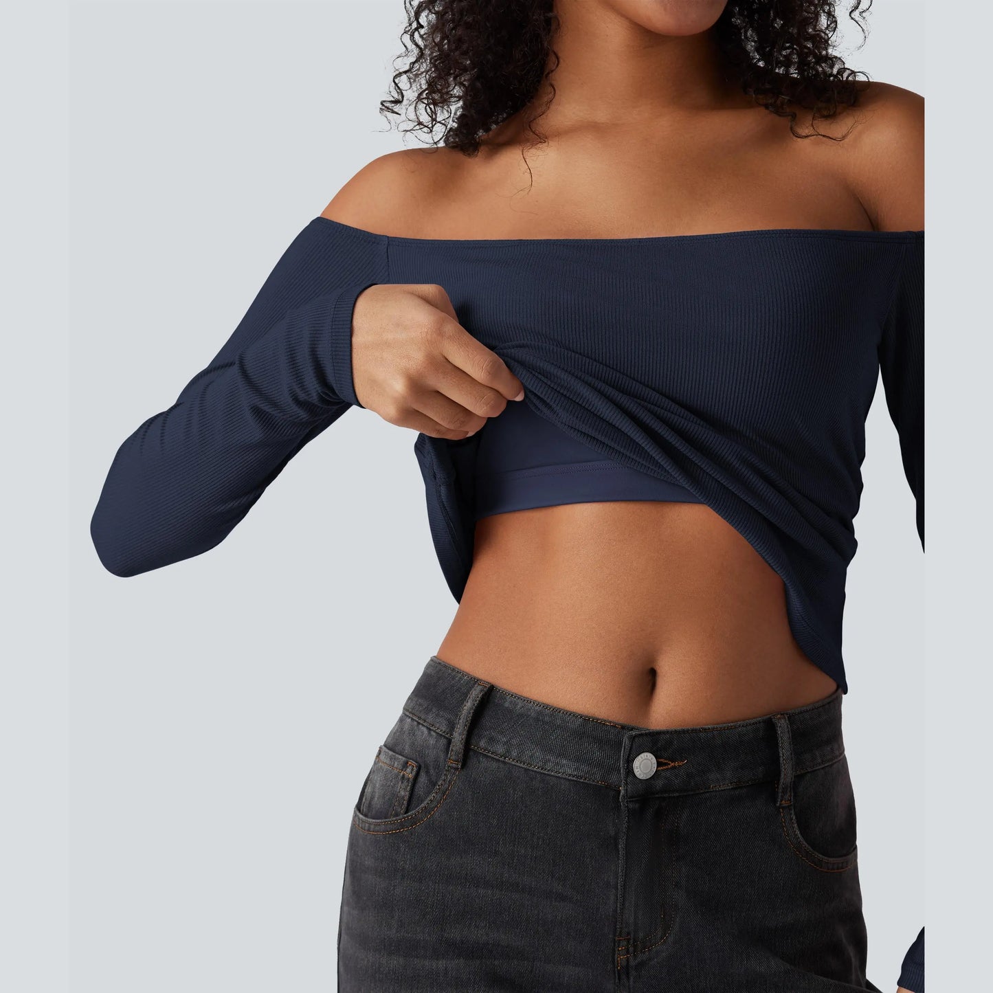Halara Ribbed Knit off Shoulder Long Sleeve 2-In-1 Casual Top