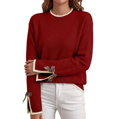 EVALESS Women'S Crew Neck Knitwear Pullover, Casual Sweater with Leopard Print Bow Cuffs, Relaxed Fit for Fall