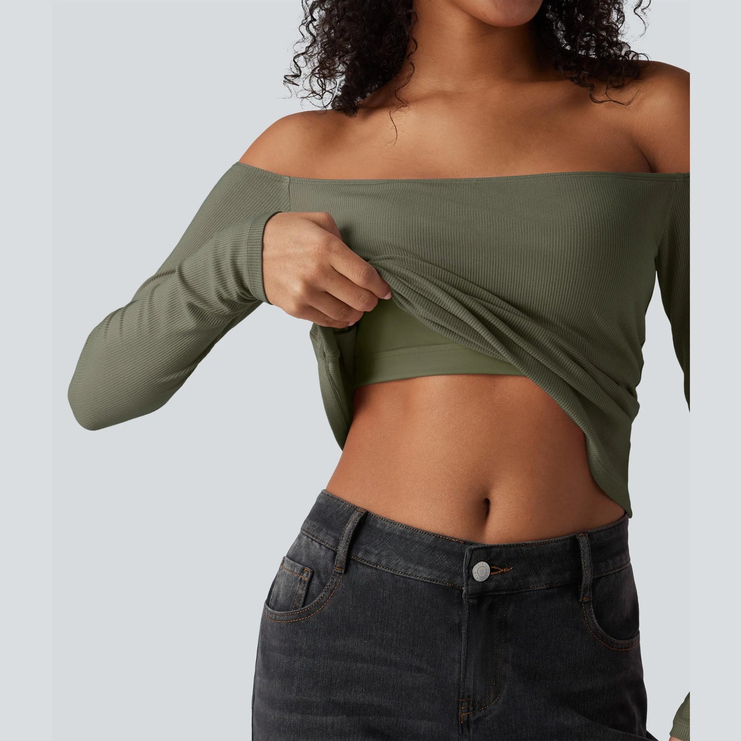 Halara Ribbed Knit off Shoulder Long Sleeve 2-In-1 Casual Top